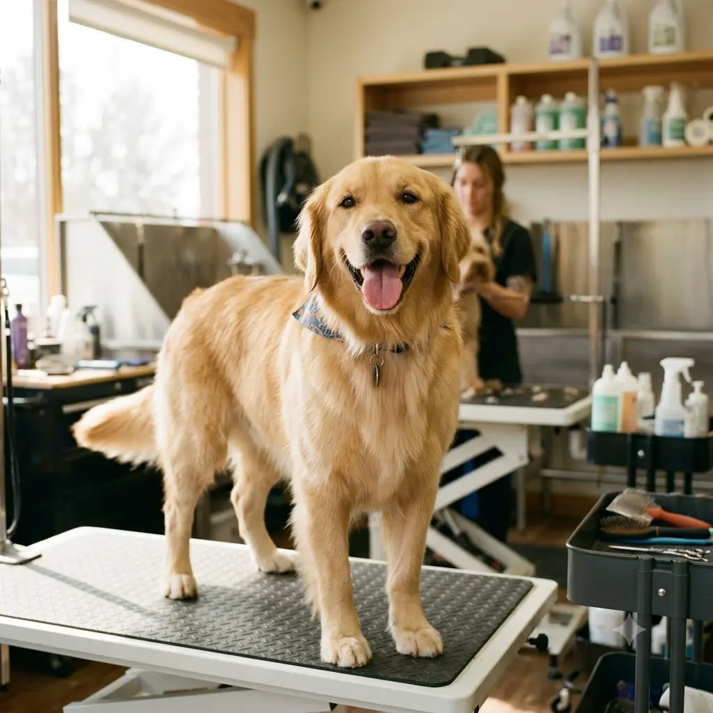Dog calm on the table at an independent pet grooming salon