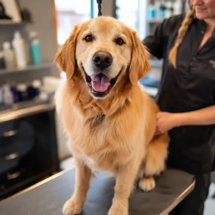 Small dog freshly groomed at a pet grooming salon