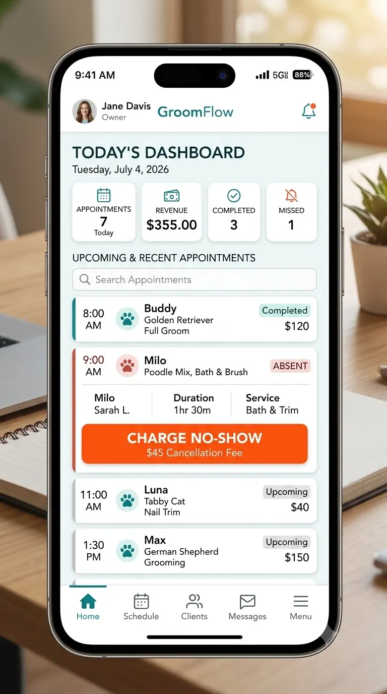SmartGroom no-show fee charged in one click on the grooming dashboard